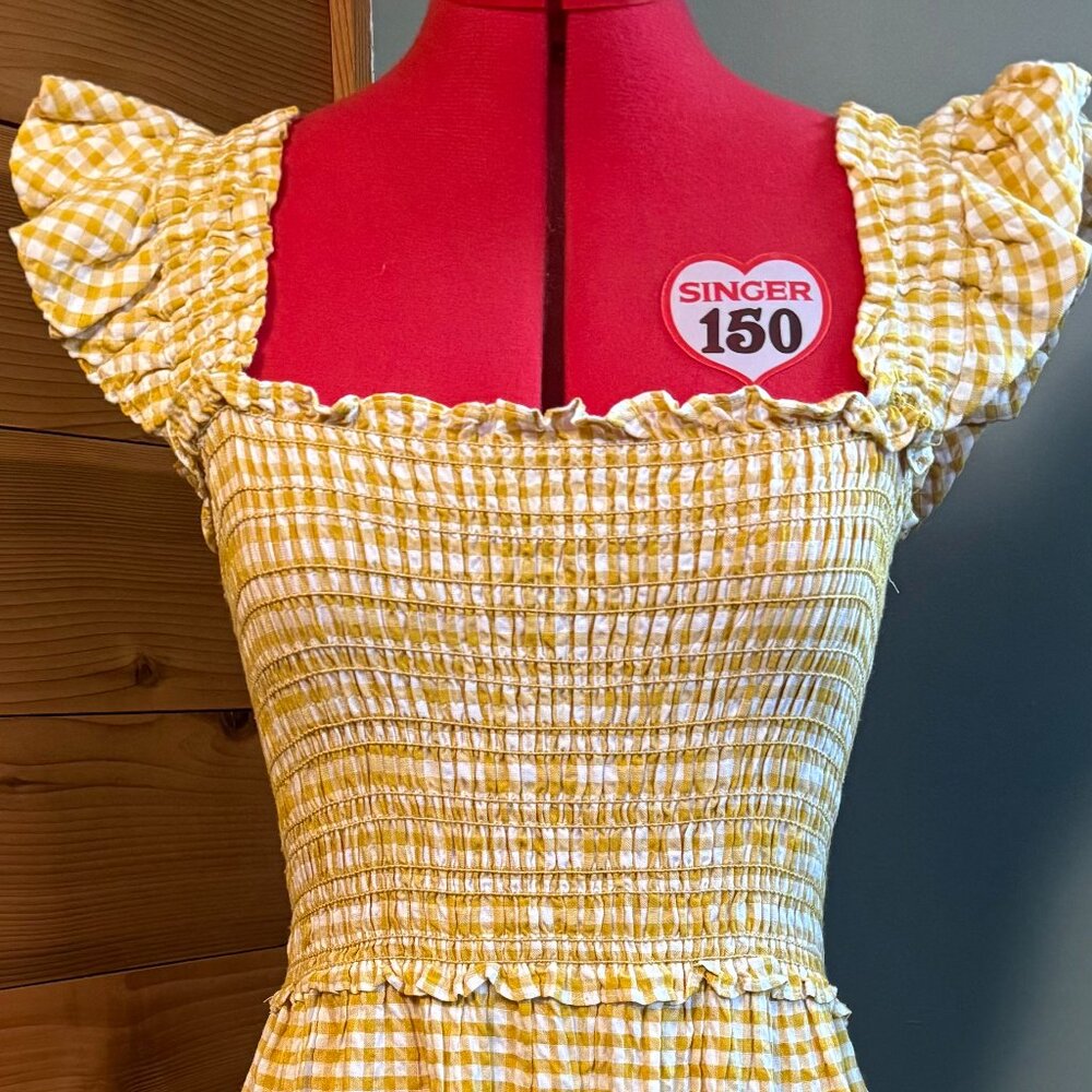 Mustard & Cream Gingham Ruffle Sleeves Maxi Dress